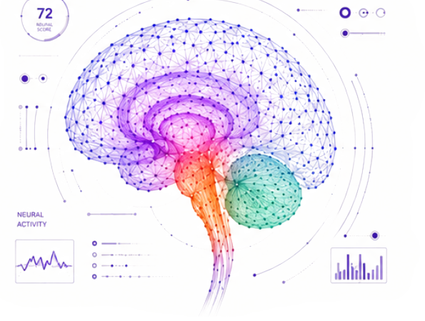 Brain visualization with neural score 72 and live neural activity readouts